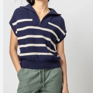 Lilla P Striped Half-Zip Navy and White Sleeveless Sweater sz P/S